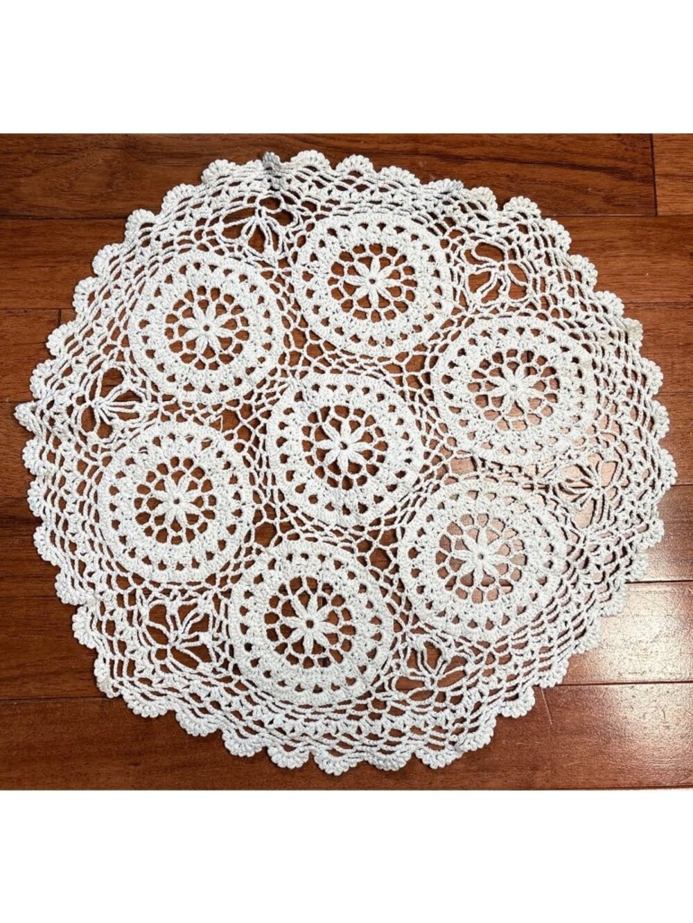 Hand-Crocheted White Cotton Round Lace Doily 15" Floral Pattern Vintage Table